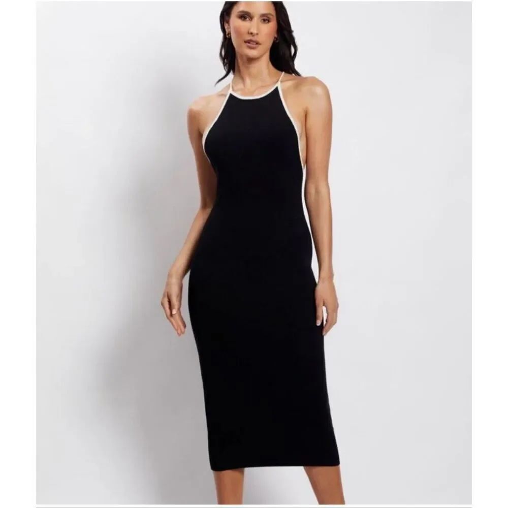 Meshki Heidi Contrast Binding Knit Midi Dress Low Back in Black Size M